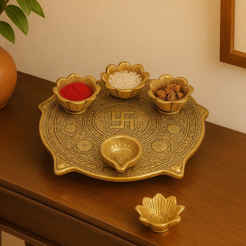 Anantya Aluminum Pooja Thali Set - Gold media 3