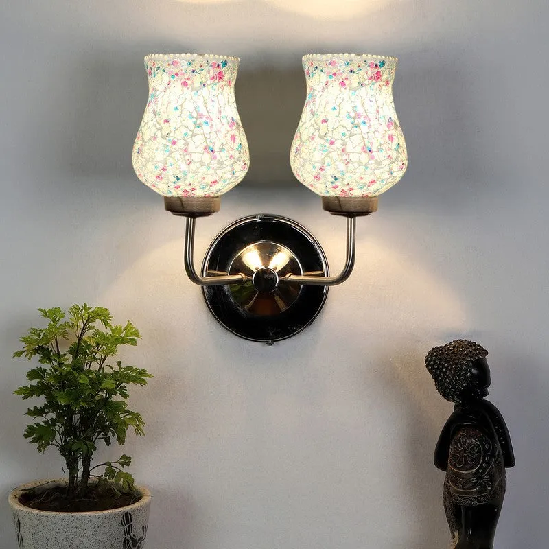 Lit double wall lamp with crackle glass shades and steel base