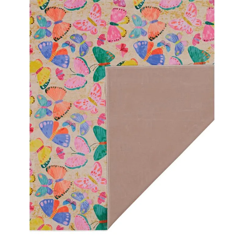 Butterfly carpet with a folded corner showing the plain underside
