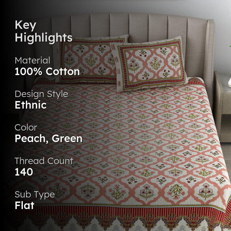 Meadow Memories Floral Cotton  Bedsheet (Peach) - 140 TC media 2