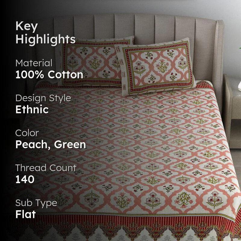Peach floral bedsheet on a bed with key highlights overlay