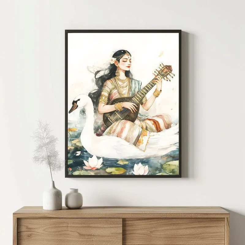 Hamsavahini Saraswati Spiritual Archival Paper Wall Painting With Frame - Black media 1