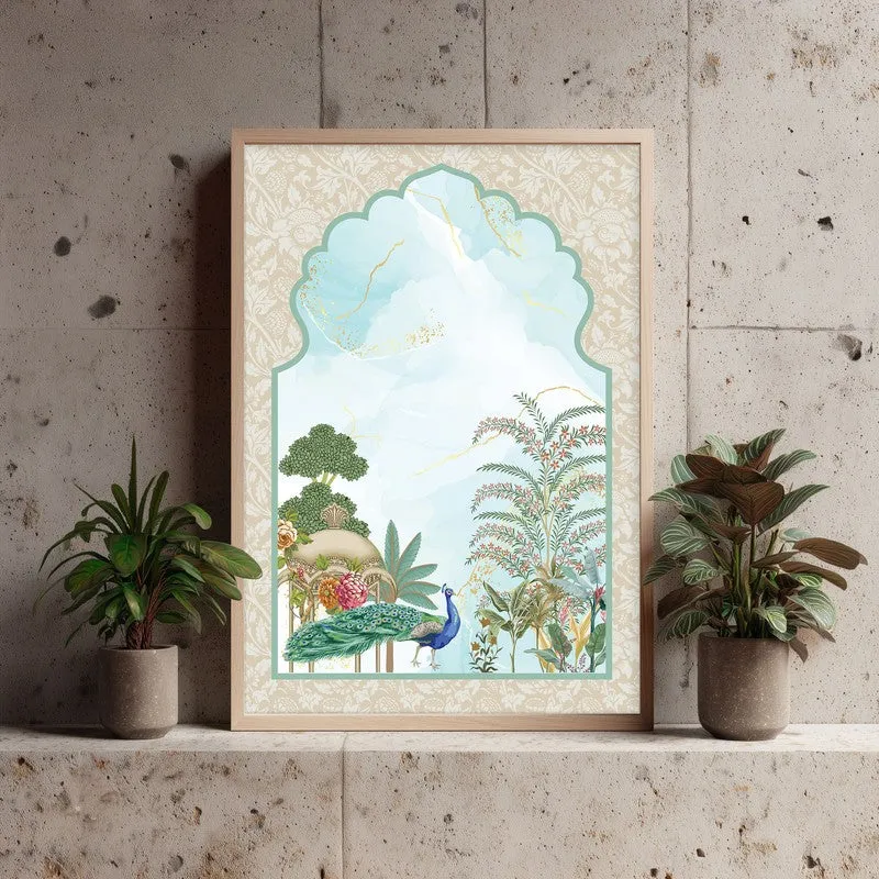 Imperial Garden Framed Jharokha Canvas Archival Canvas Wall Painting - Natural Brown Frame media 3
