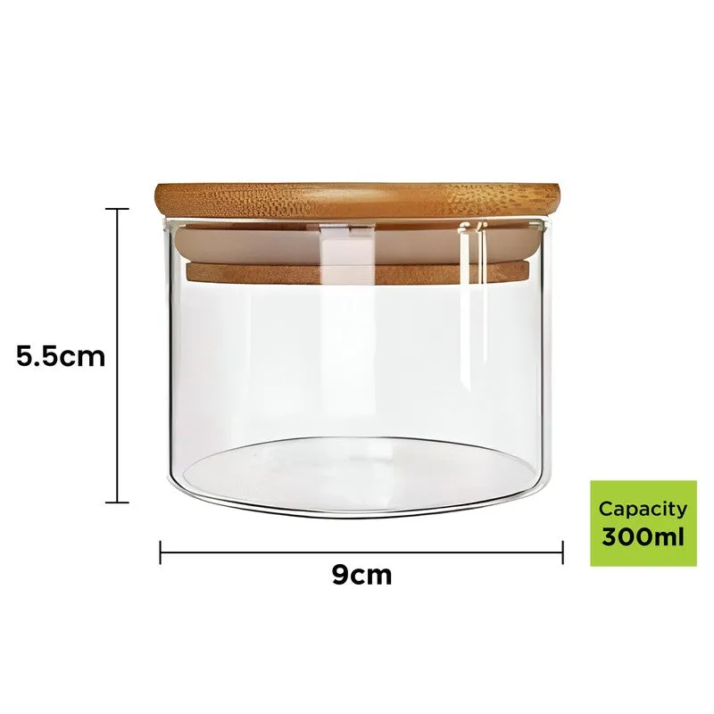 Empty transparent jar with bamboo lid shown with its capacity and dimensions.