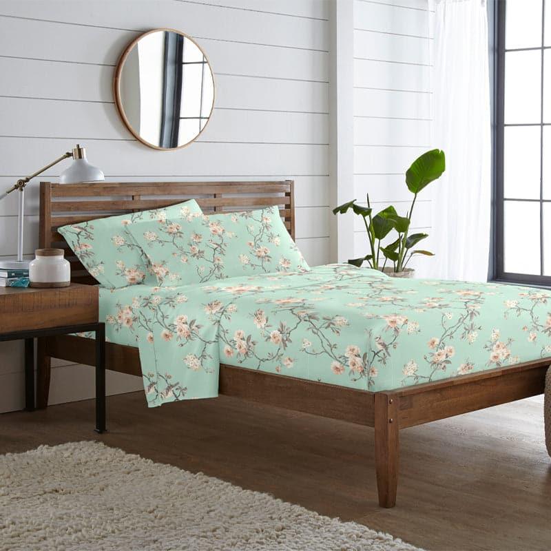 Cherry Blossom Floral Cotton Bedsheet (Green) - 254 TC media 3