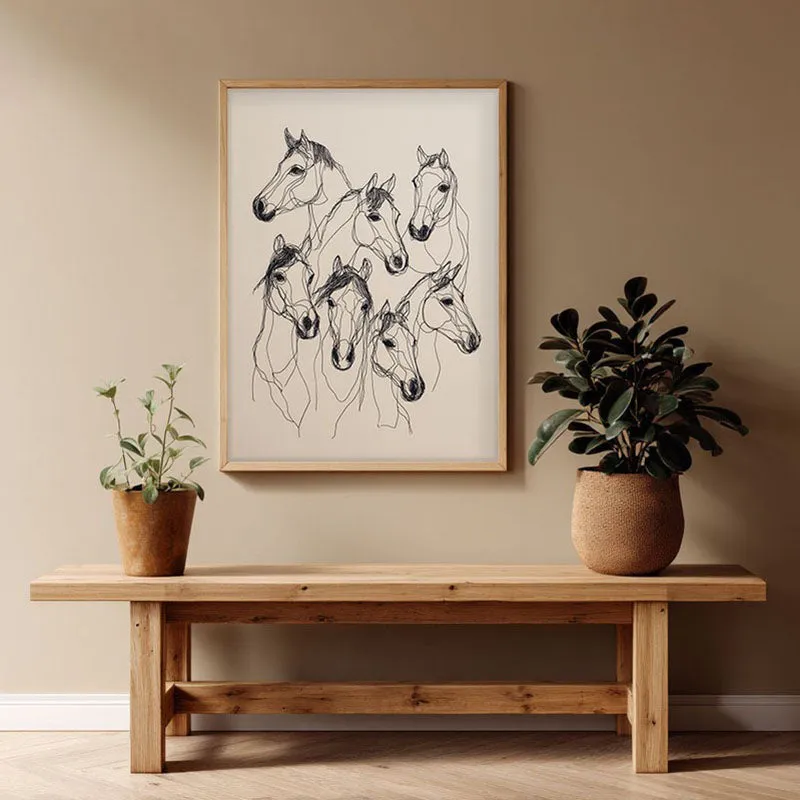 Abstract Line Art Horse Painting With Brown Frame media 1