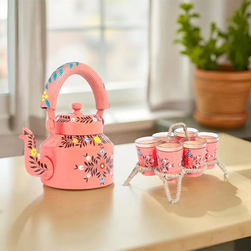 Brew Serve Handpainted Tea Set With Stand (Peach) - Eight Piece Set media 1