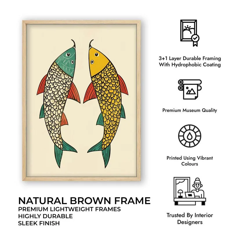 Twin Fish Folk Art Canvas Wall Painting With Brown Frame media 11