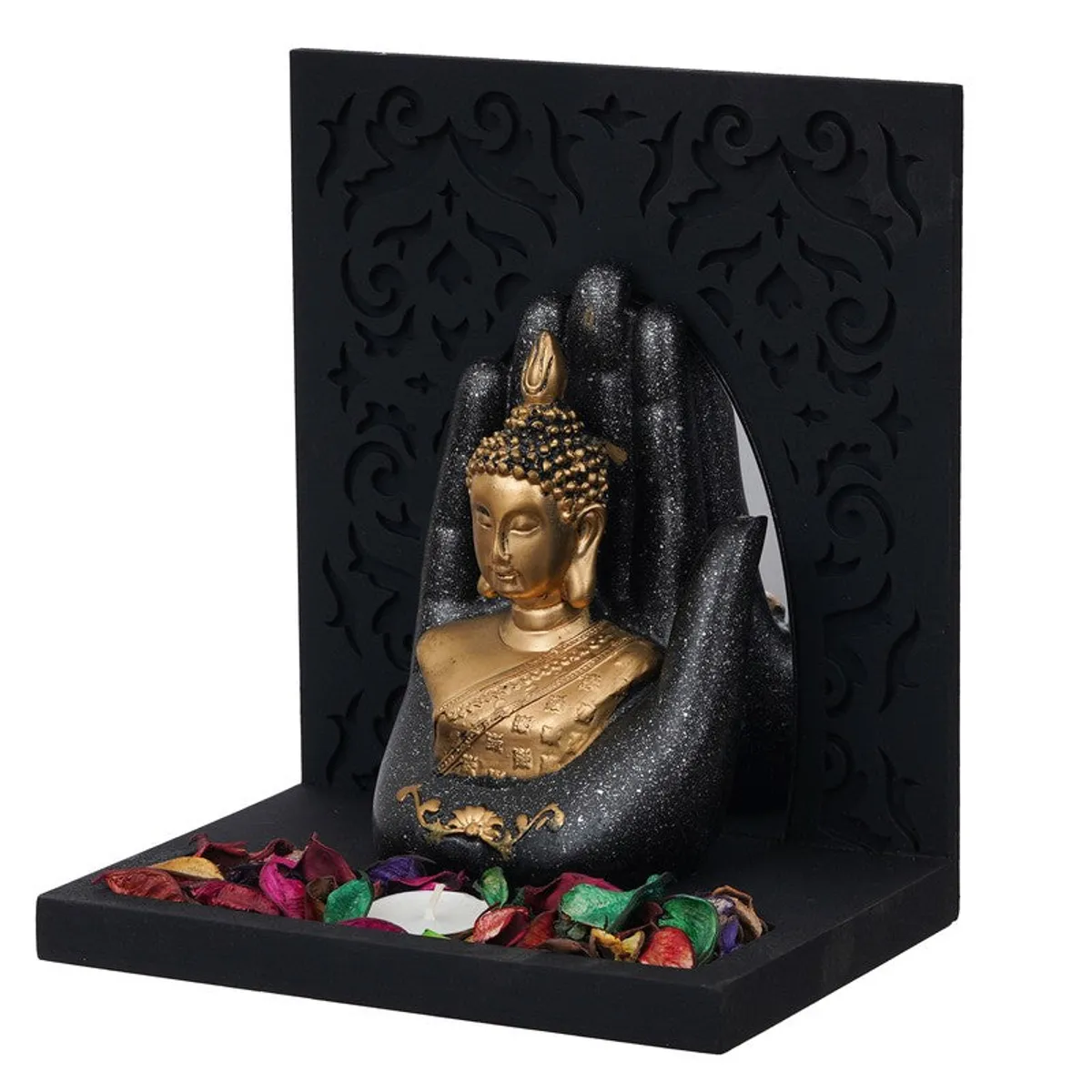 Side angle of black and gold Buddha tea light holder