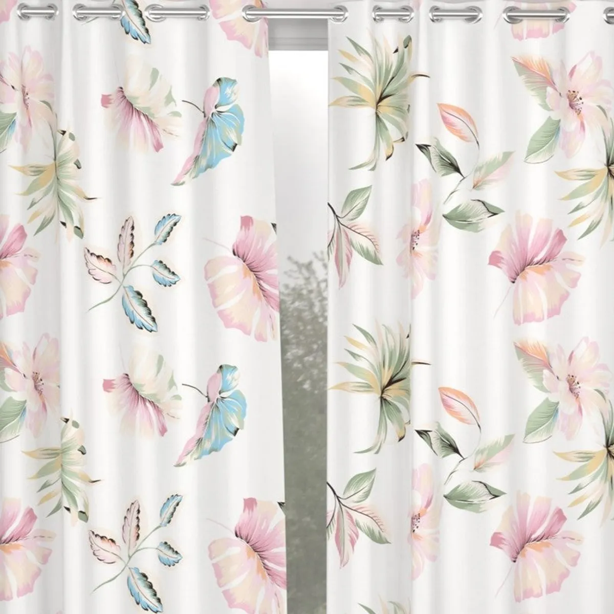 Close view of paired curtains showing colourful floral and leafy printed patterns.