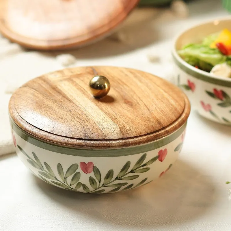 Spring Little Leafy Joy Ceramic Bowl with Mango Wood Lid - 750 mL media 6