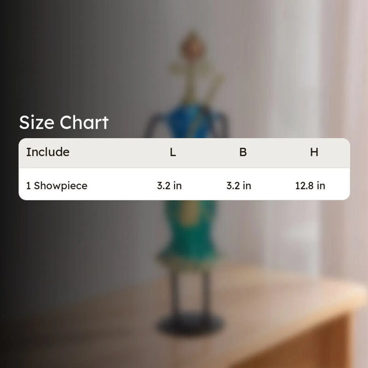 Blurred product background with a size chart overlay