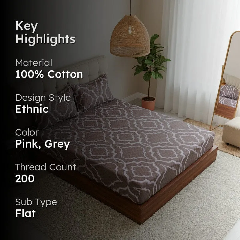 Medina Maze Ethnic Cotton Bedsheet (Grey) - 200 TC media 2