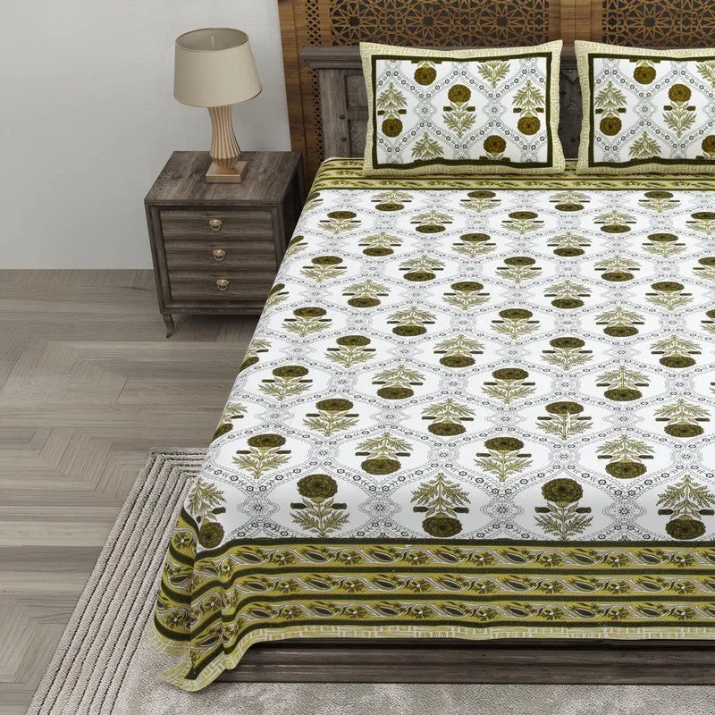 Vineen Cotton Bedsheet (Olive Green,White) - 240 TC media 3