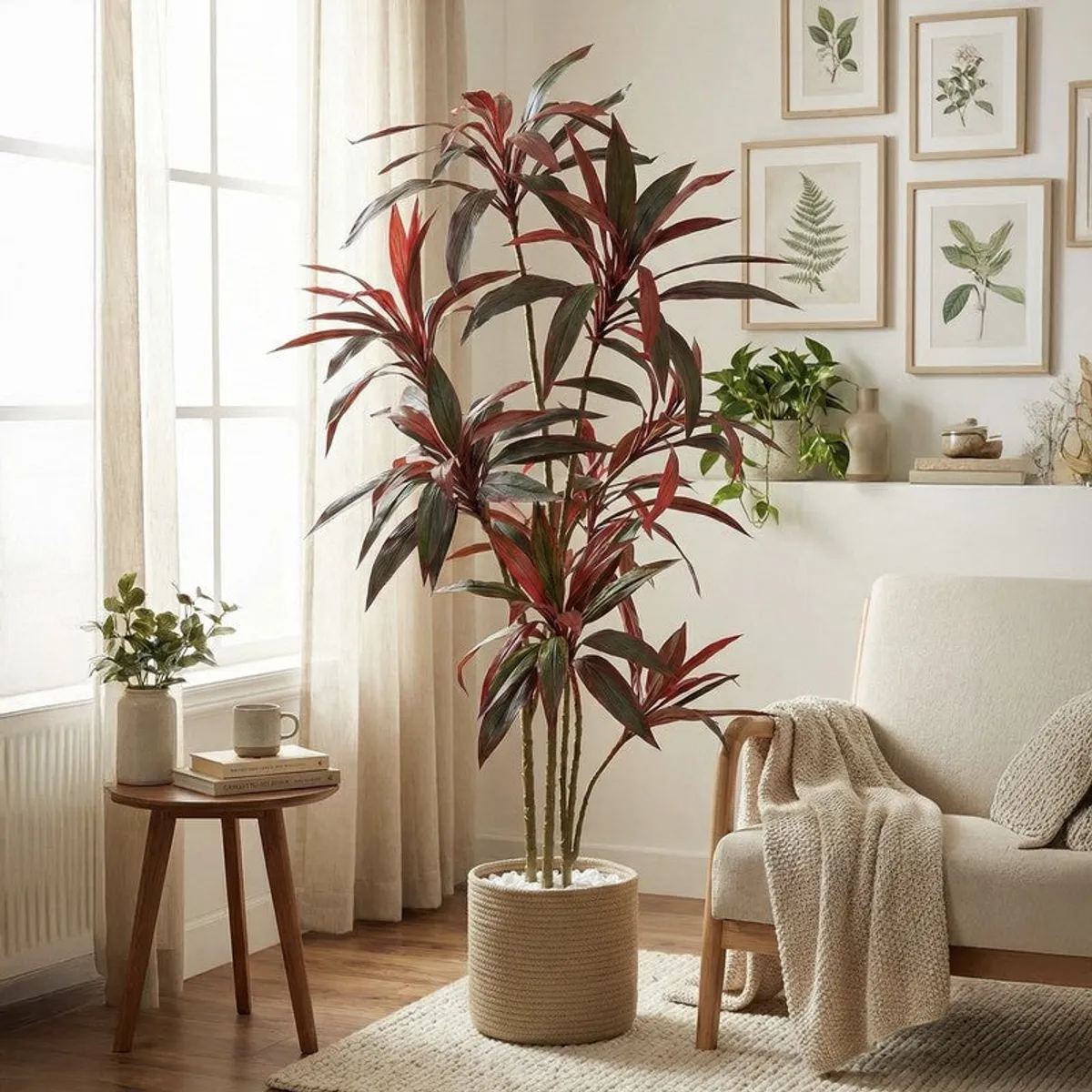 Artificial Dracaena tree with variegated leaves in a textured neutral planter