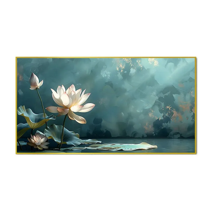 Lotus Of Tranquil Waters Floral Canvas Wall Painting With Frame - Gold media 5