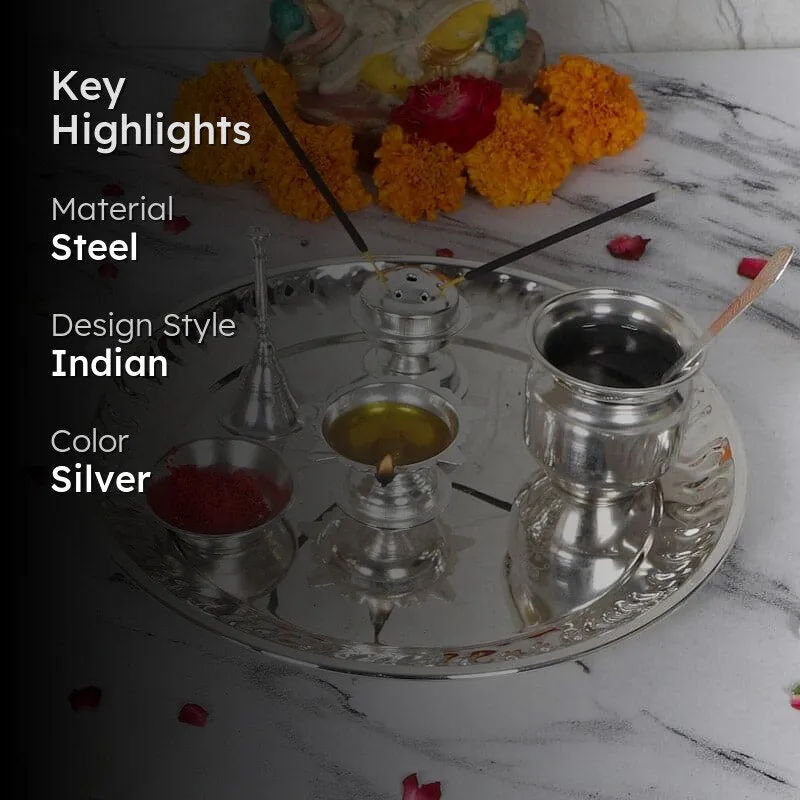 Silver Sacred Steel Pooja Thali Set - Seven Piece Set media 2