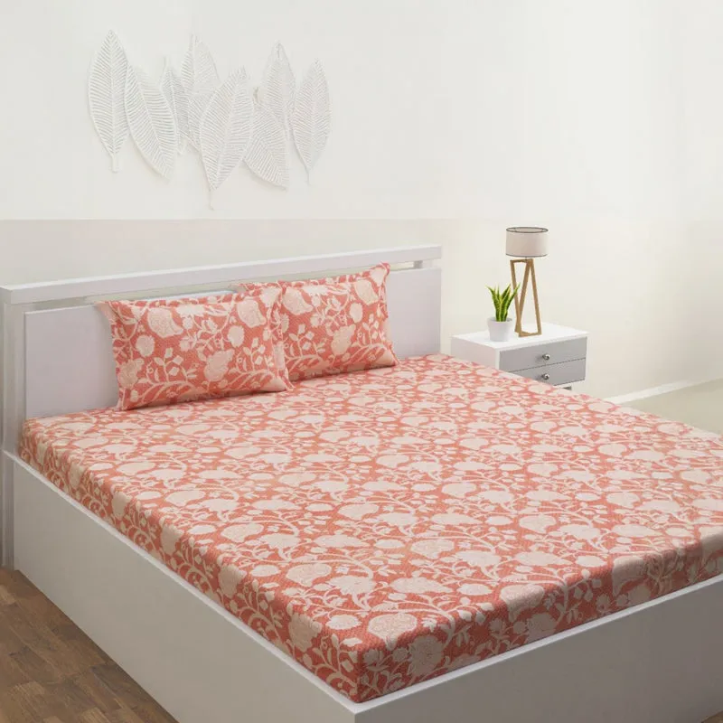 Dream Vines Cotton Bedsheet (Peach) - 144 TC media 1