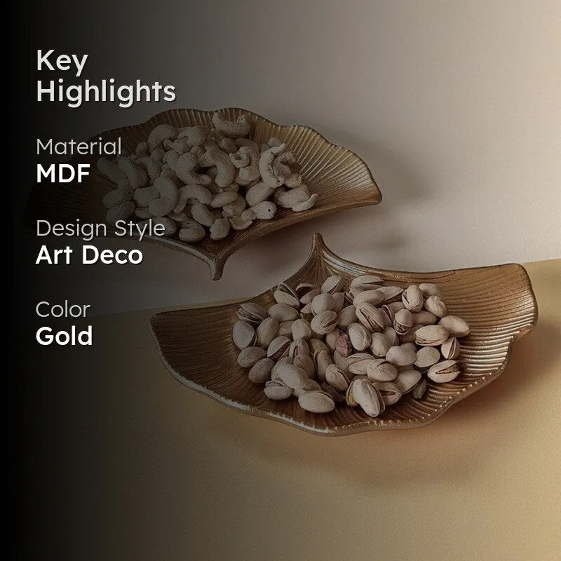 Gold platters with nuts shown in a product highlights layout
