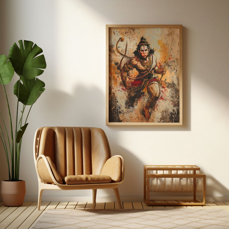 Hanuman Ji Warrior Form Archival Paper Wall Art - Natural Brown Frame