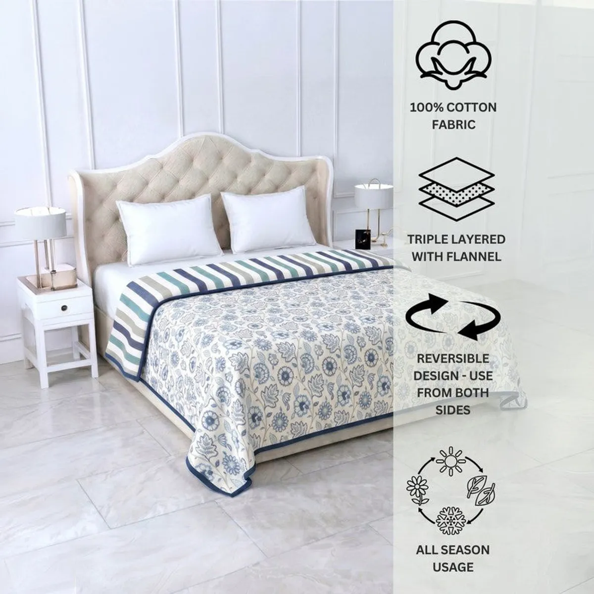 Styled bedroom image with the reversible cotton dohar on the bed