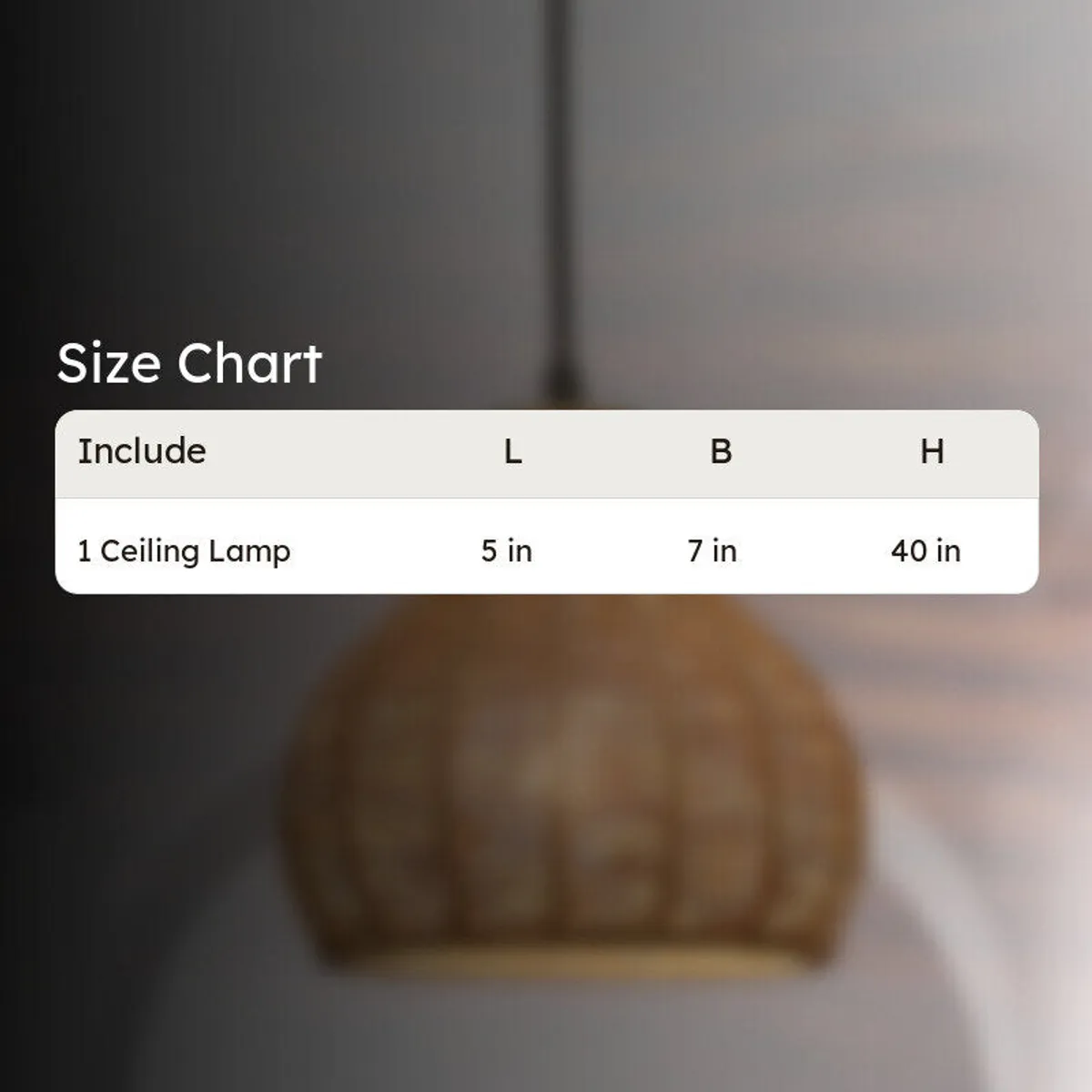 Blurred pendant lamp in the background with a size chart style table overlay.