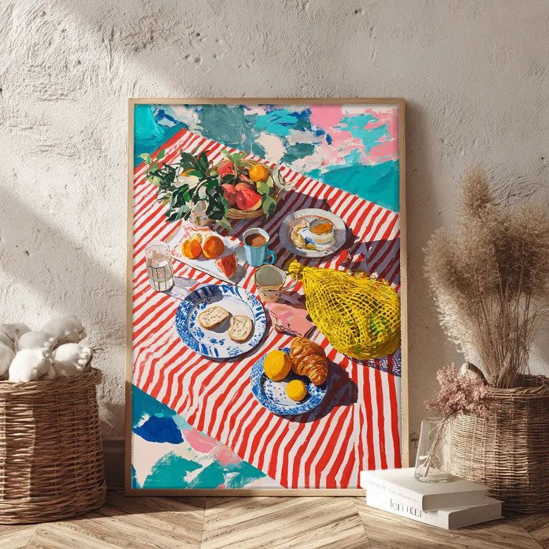 Stripe Picnic Canvas Wall Painting - Brown Frame media 3