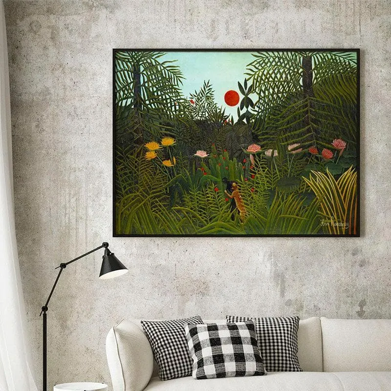 Jungle and Setting Sun Canvas Wall Painting - Black Frame media 1