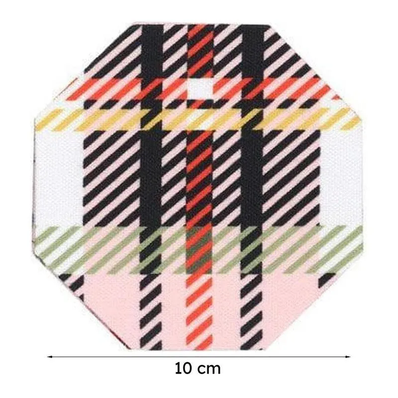 Single plaid octagonal coaster on a white background with a width arrow