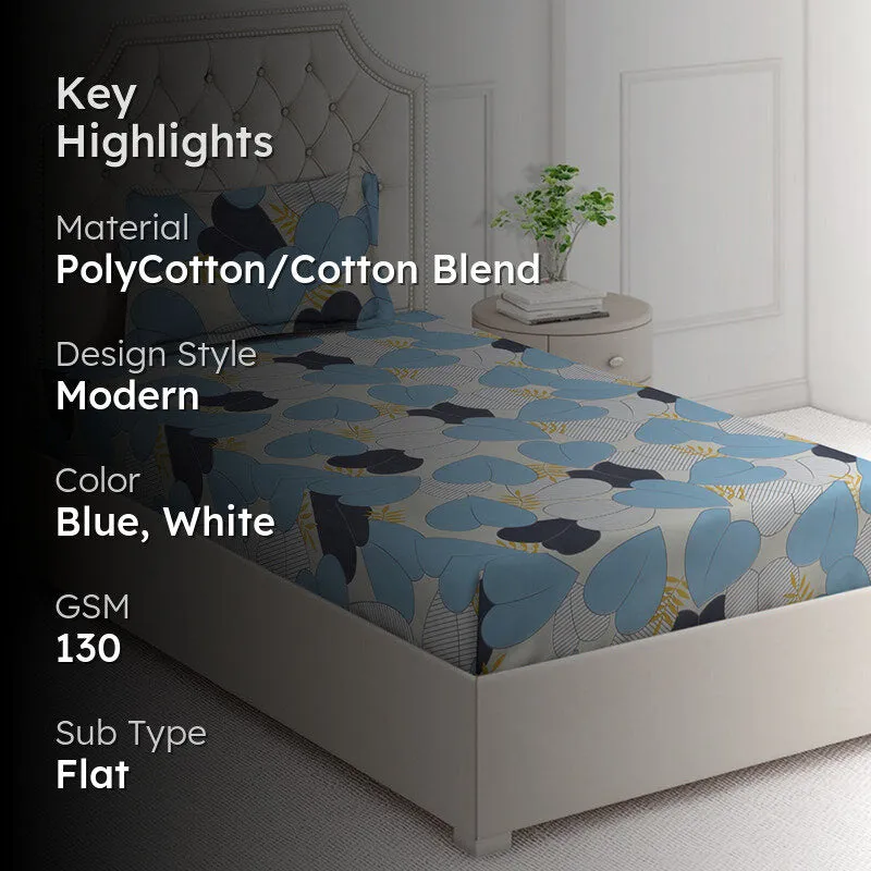 Blue floral bedsheet with key highlights shown on image
