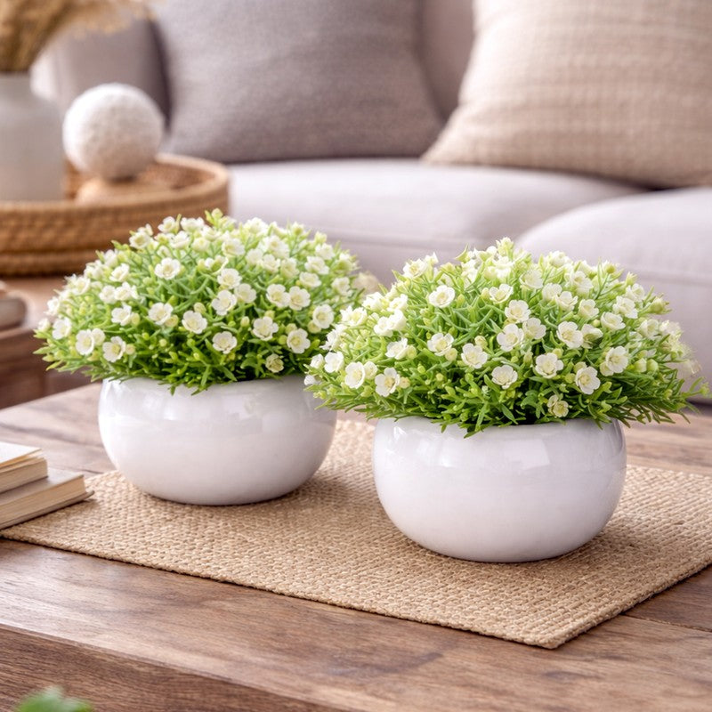 Velvique Artificial Rose Flower Plant With Pot (White,14CM) - Set Of Two