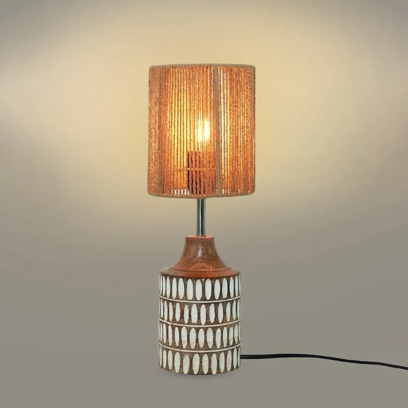 Ambercore Wooden Base Cotton Table Lamp - Beige media 4