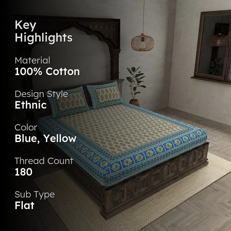 Mahat Ethnic Cotton Bedsheet (Blue,Yellow) - 180 TC media 2