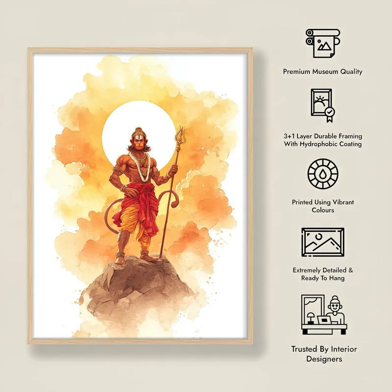Sri Hanuman with Sun Aura II Archival Paper Wall Art - Natural Brown Frame media 8