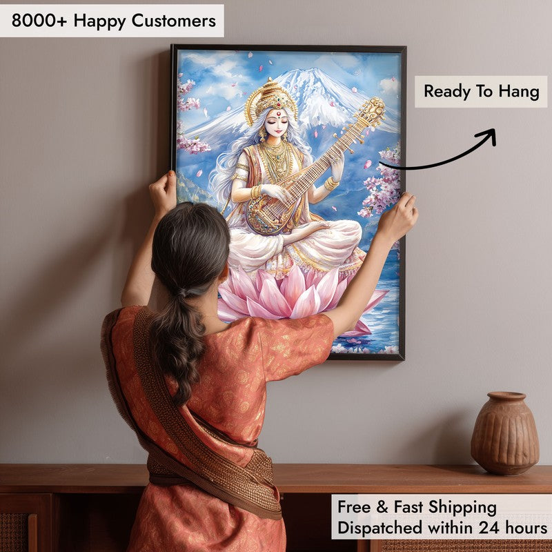 Vidya Dhayini Spiritual Archival Paper Wall Painting With Frame - Black media 6