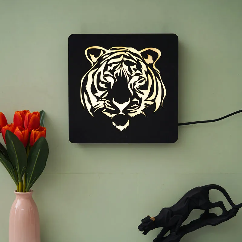 Tiger Face LED Wooden Wall Lamp media 1