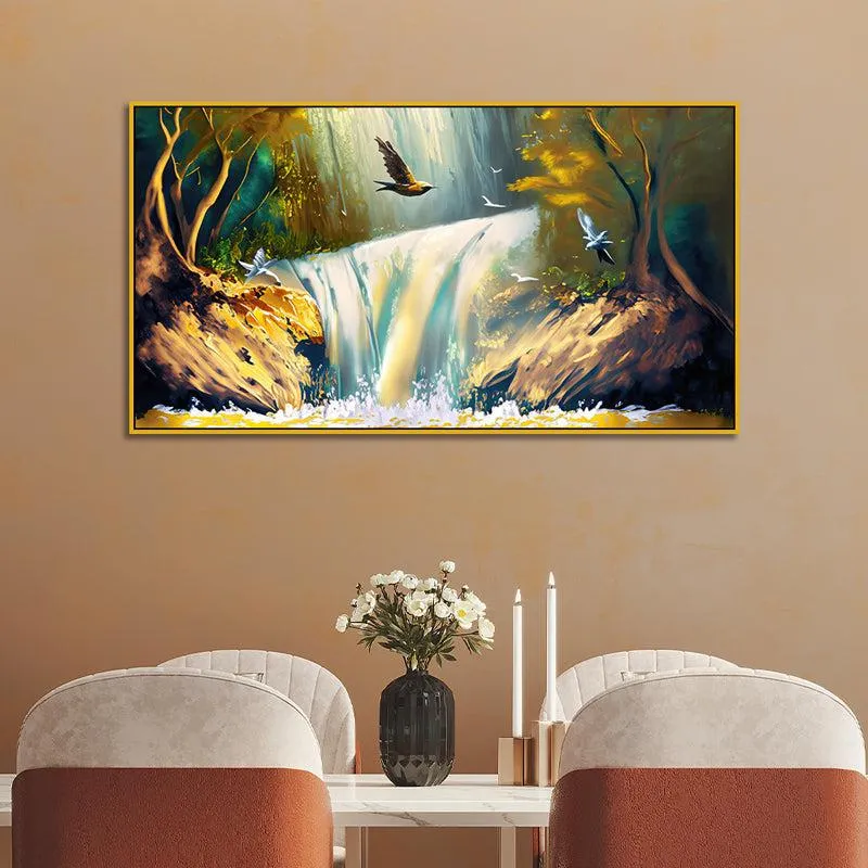 Enchanted Waterfalls Landscape Canvas Wall Painting With Frame - Gold media 3