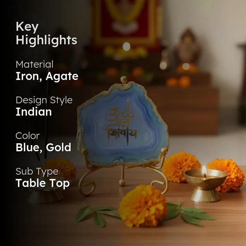 Om Namah Shivay Agate Showpiece With Stand - Blue & Gold media 2