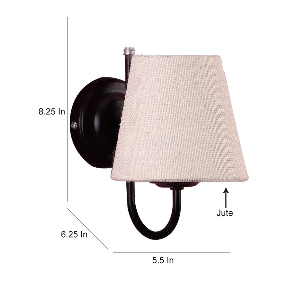 Off-white jute wall lamp with black iron base shown with size markings