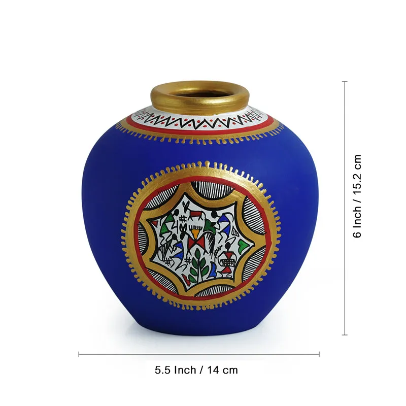 Kapiva Warli Handpainted Terracotta Vase (Blue & Red) - Set Of Two media 3
