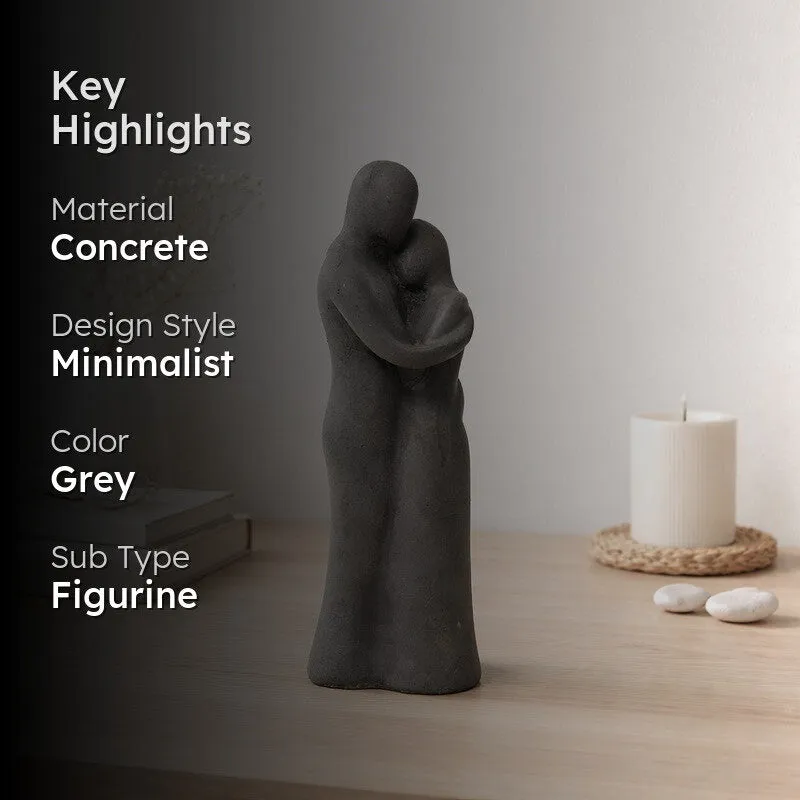 Grey abstract figurine showpiece with a dark overlay and product highlights text