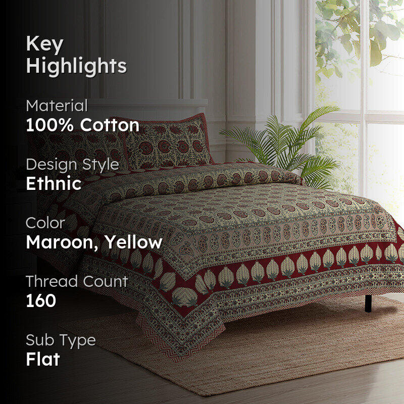 Ayati Ethnic Cotton Bedsheet (Maroon) - 160 TC media 2