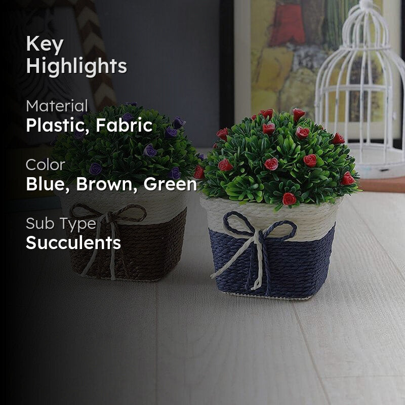Faux Wild Bush Artificial Plant In Basket Pot (Blue & Brown) - Set Of Two media 2