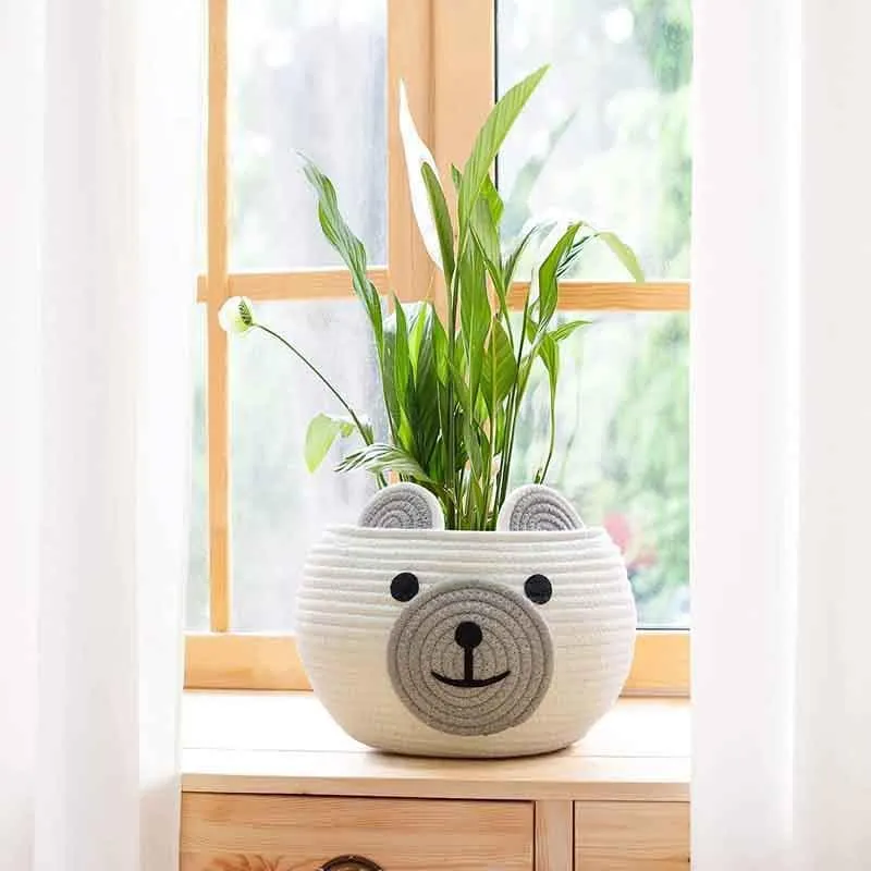 Happy Bear Multipurpose Cotton Storage Basket- White & Grey media 1