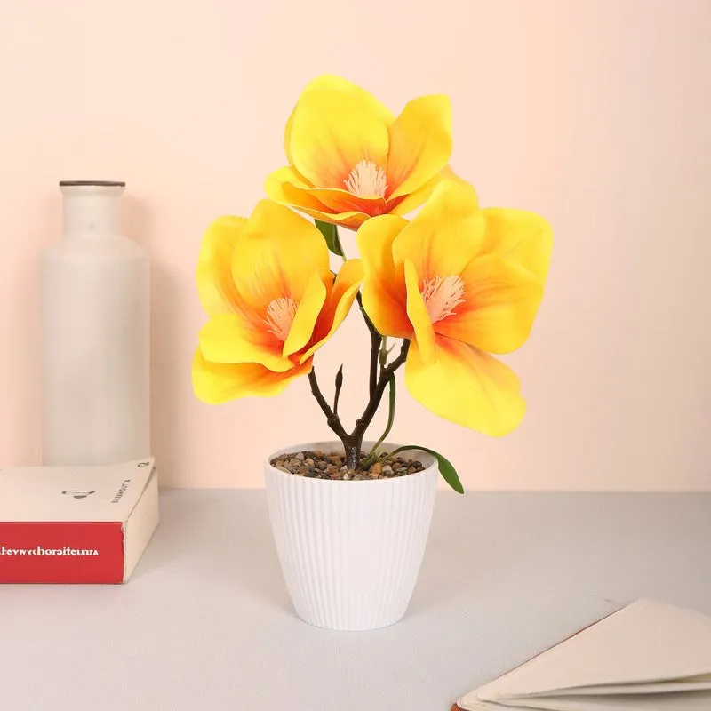 Magnolia Artificial Flower Plant With Black Plastic Pot - Yellow media 1