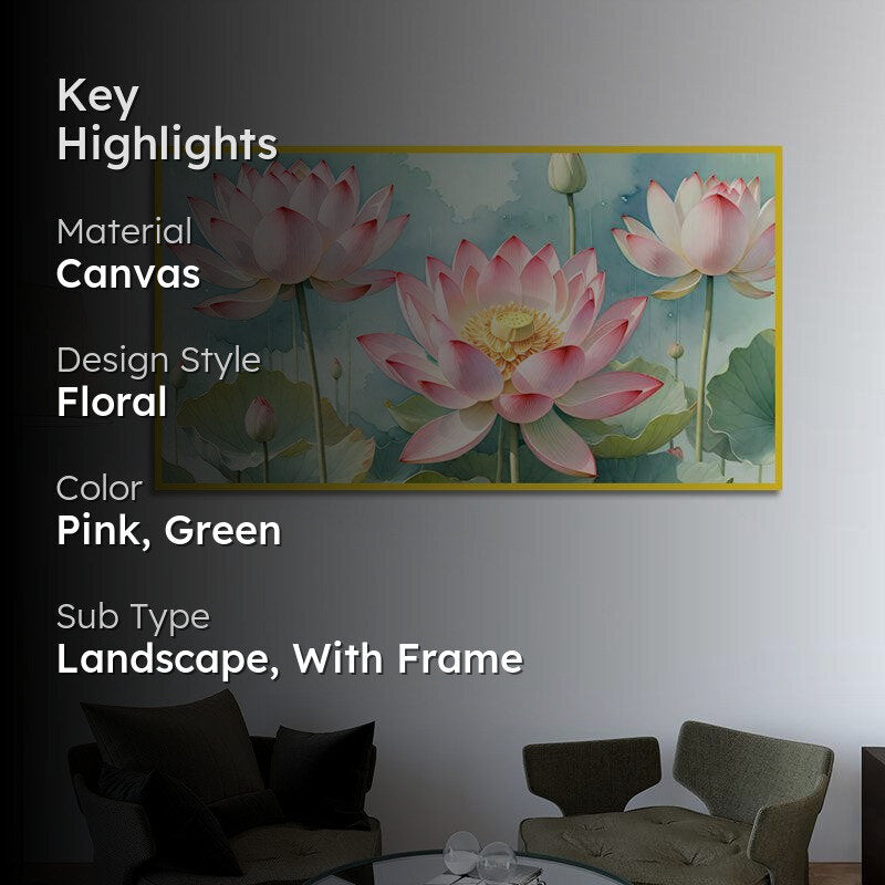 Ephemeral Lotus Floral Canvas Wall Painting With Frame - Gold media 2