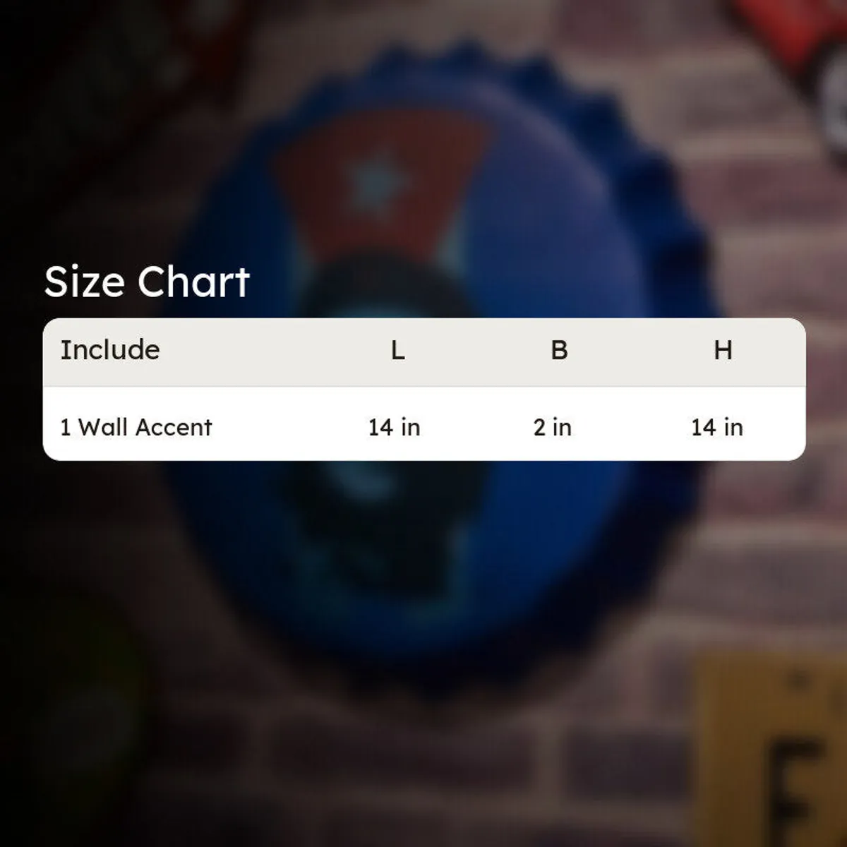 Size chart image showing one wall accent measuring approximately 14 by 2 by 14 inches.