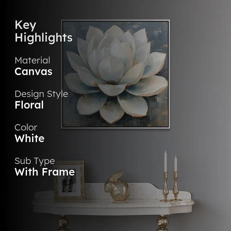 Luminous Lotus Canvas Wall Painting With Frame - White media 2