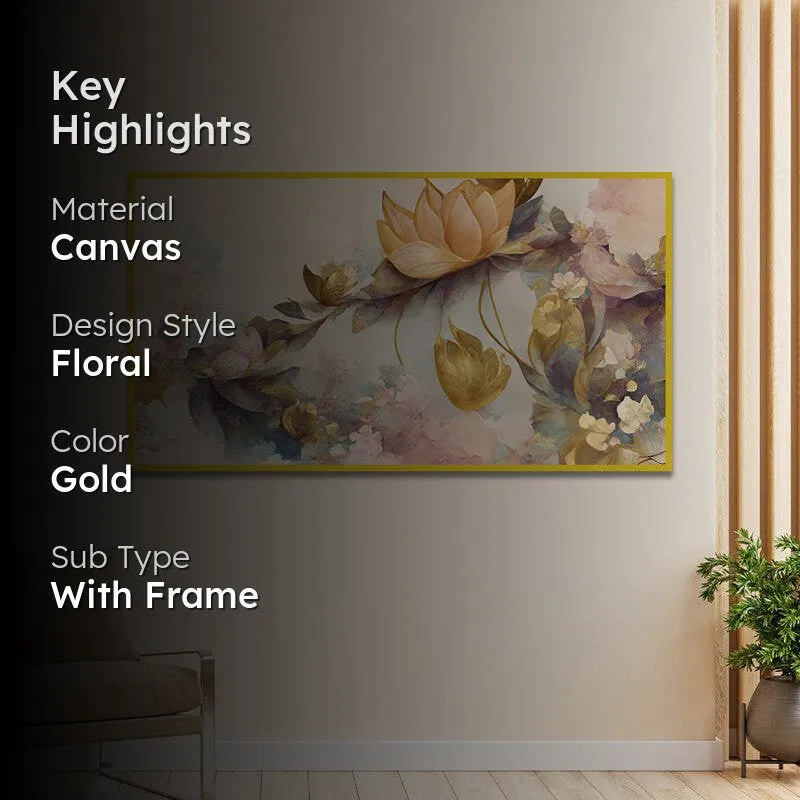 Lotus Of Whimsy Floral Canvas Wall Painting With Frame - Gold media 2
