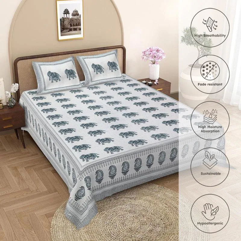 Viraja Ethnic Cotton Bedsheet (White,Green) - 180 TC media 3